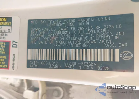 2020 Lexus Es 350 z USA, uszkodzony, nr VIN 58ADZ1B11LU056937